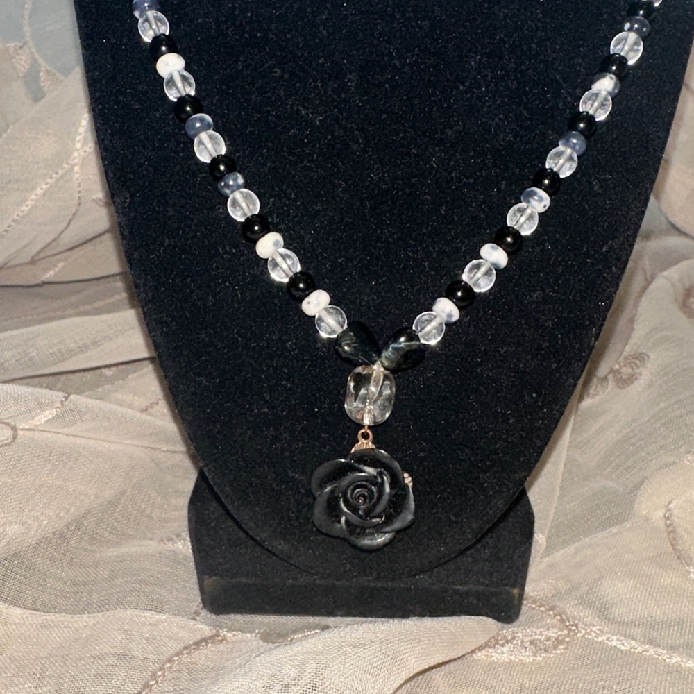 Smoky Rose Necklace(Black Obsidian, Clear Quartz, Blue/Mahogany Tiger’s Eye)